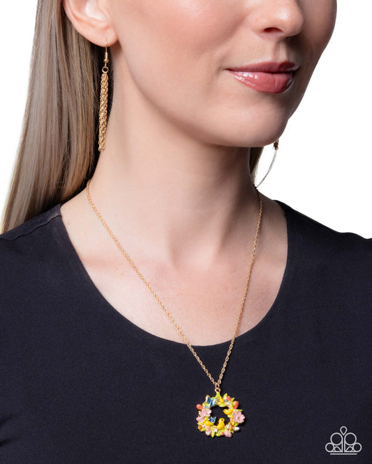 Easter Morning - Multicolored Easter-Inspired Gold Wreath Pendant Paparazzi Necklace & matching earrings