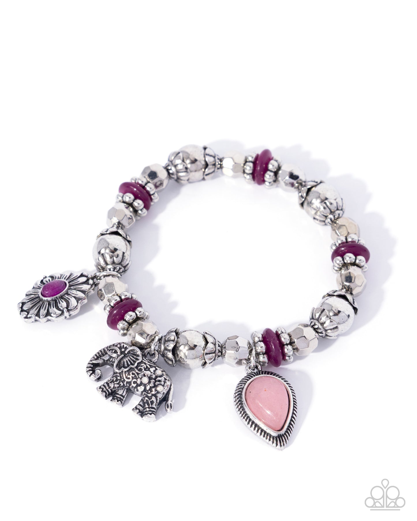 Eager Elephant - Purple Disc Beads/Silver Textured Beads/Silver Elephant Charm Paparazzi Stretch Bracelet