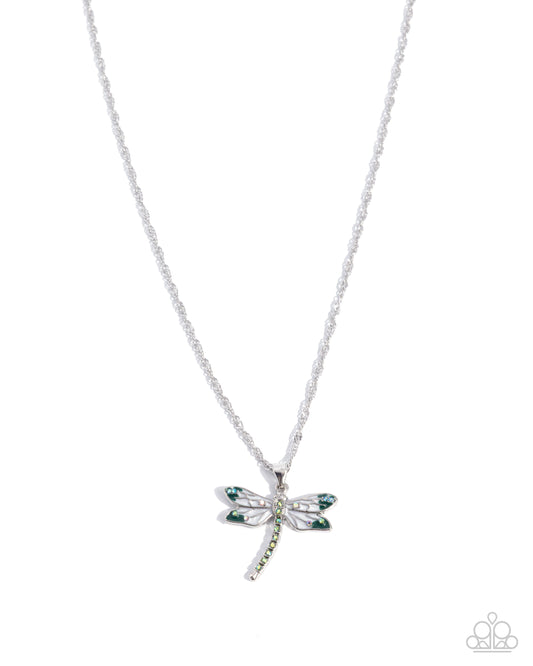 Dragonfly Debut - Green/White Painted, Iridescent Rhinestone Dragonfly Pendant Paparazzi Necklace & matching earrings