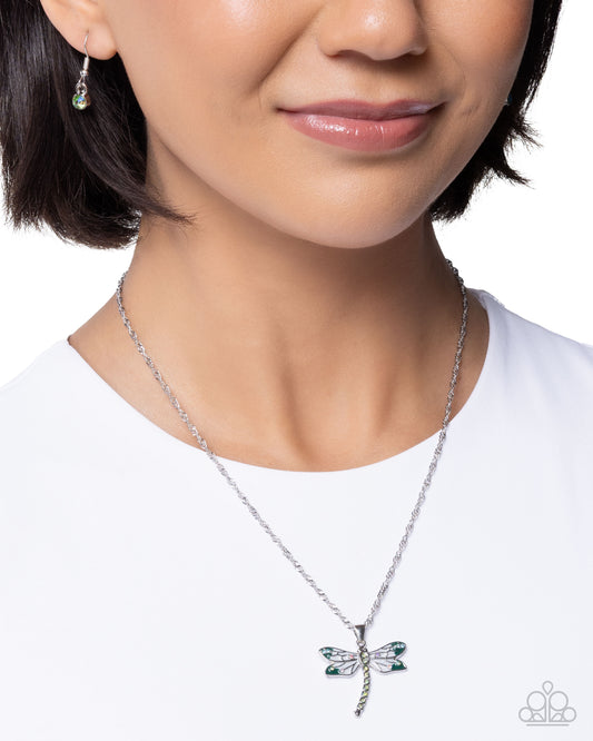 Dragonfly Debut - Green/White Painted, Iridescent Rhinestone Dragonfly Pendant Paparazzi Necklace & matching earrings