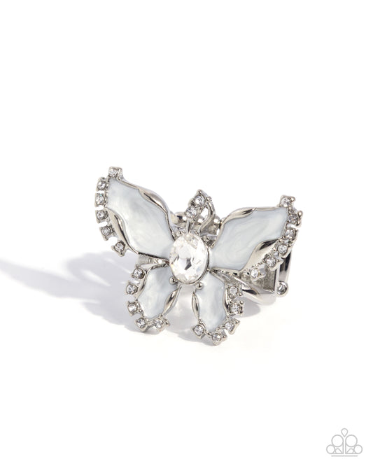 Bewitching Butterfly - White Pearl Paint & White Rhinestone Butterfly Paparazzi Ring