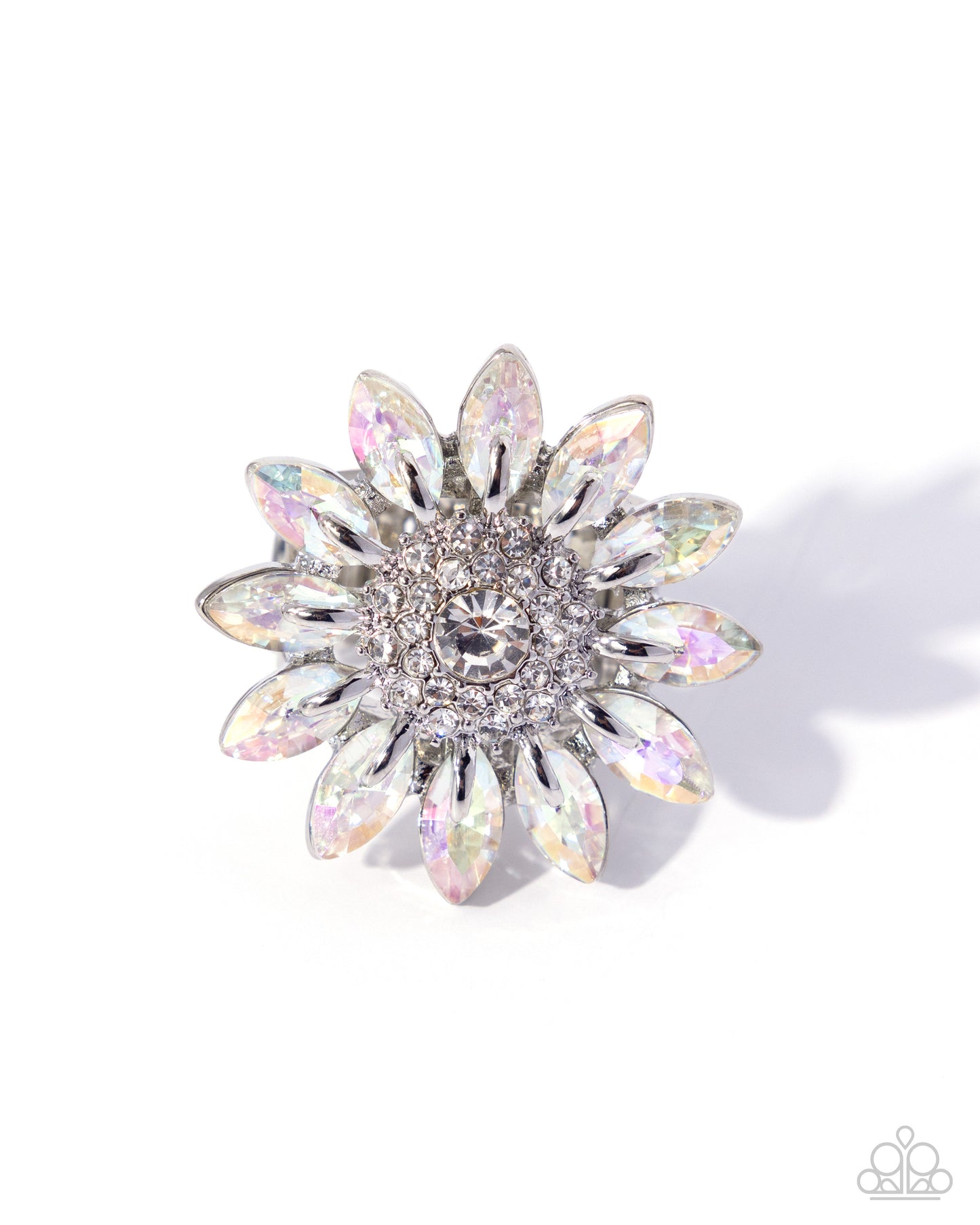 Dreamy Daisy - White Iridescent & White Rhinestone Flower Paparazzi Ring