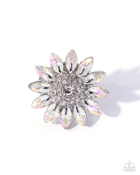 Dreamy Daisy - White Iridescent & White Rhinestone Flower Paparazzi Ring