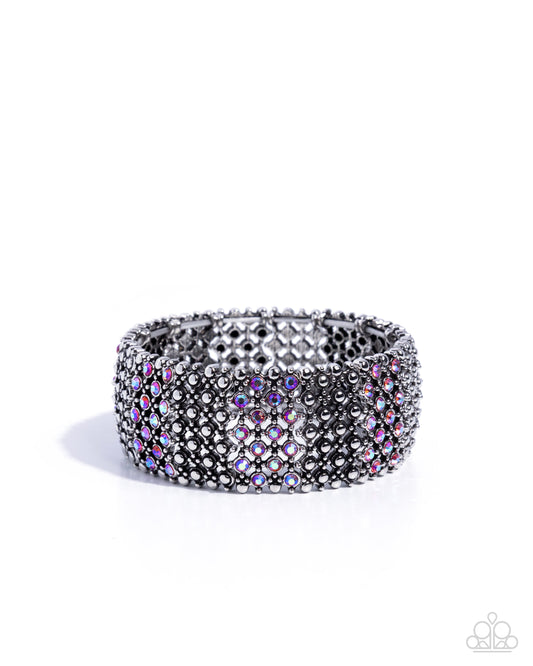 Precious Patchwork - Pink Iridescent Rhinestones/Silver Studded Rows Paparazzi Stretch Bracelet