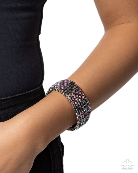 Precious Patchwork - Pink Iridescent Rhinestones/Silver Studded Rows Paparazzi Stretch Bracelet