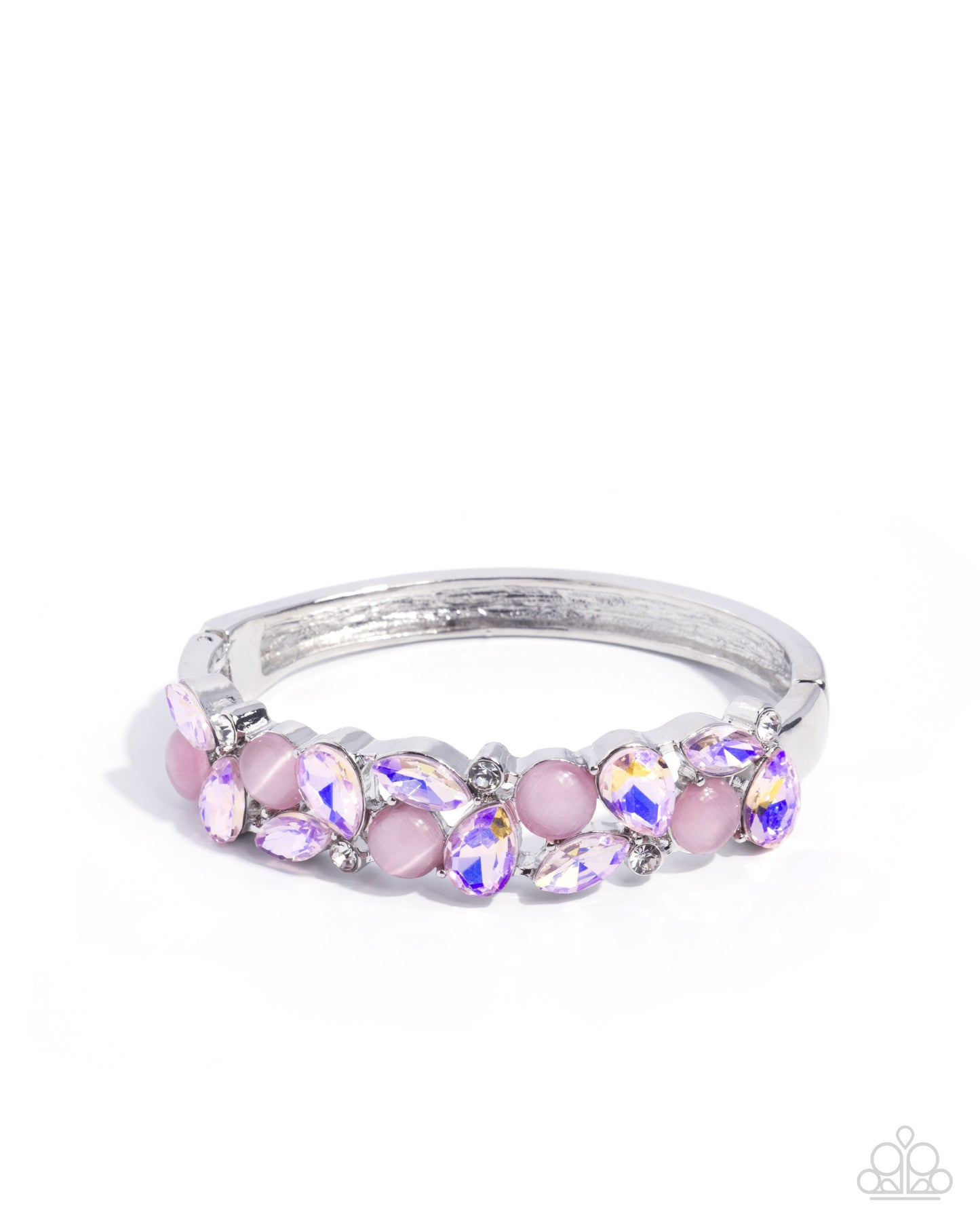 Exclusive Etiquette - Pink Cat's Eye Stones, Pink Gems, White Rhinestone Paparazzi Hinge Bracelet