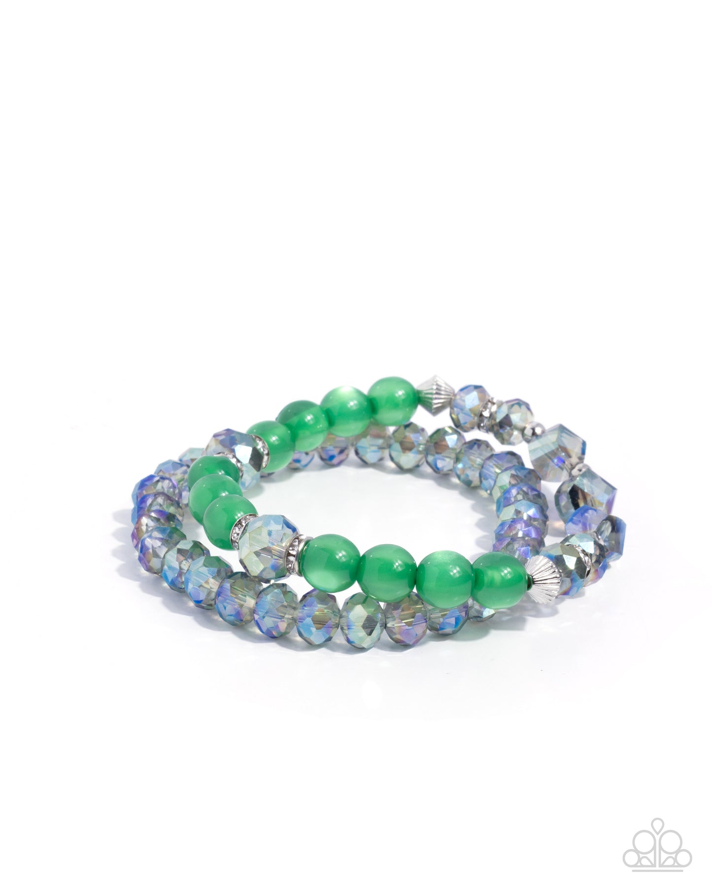 Fashionable Freedom - Green Cat's Eye Stones/White Rhinestones/UV Beaded Paparazzi Stretch Bracelet