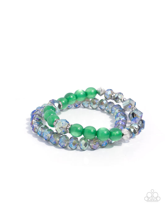 Fashionable Freedom - Green Cat's Eye Stones/White Rhinestones/UV Beaded Paparazzi Stretch Bracelet
