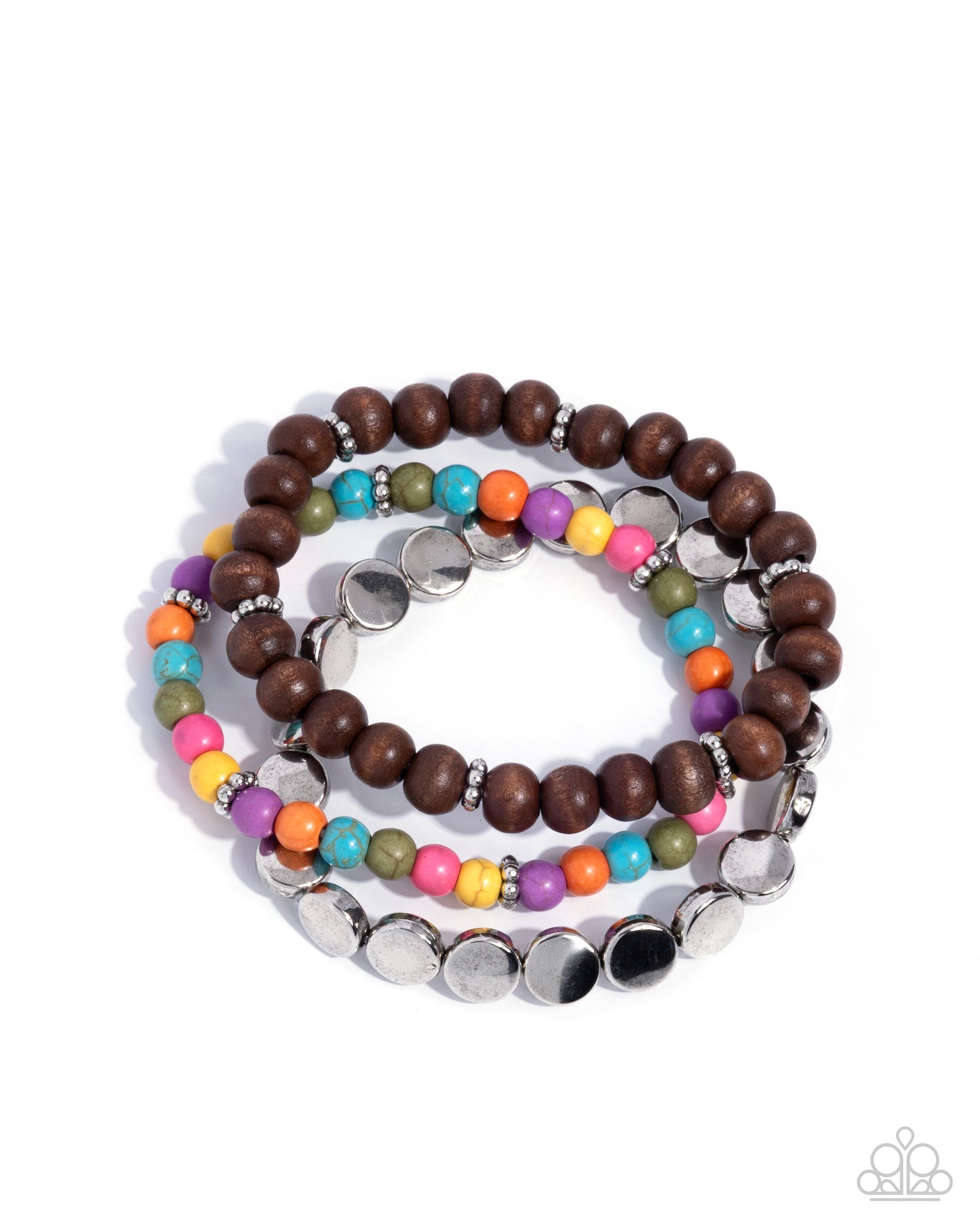 Mesa Moment - Multicolored Stone Beads/Silver Discs/Wooden Beaded Set of 3 Paparazzi Stretch Bracelets