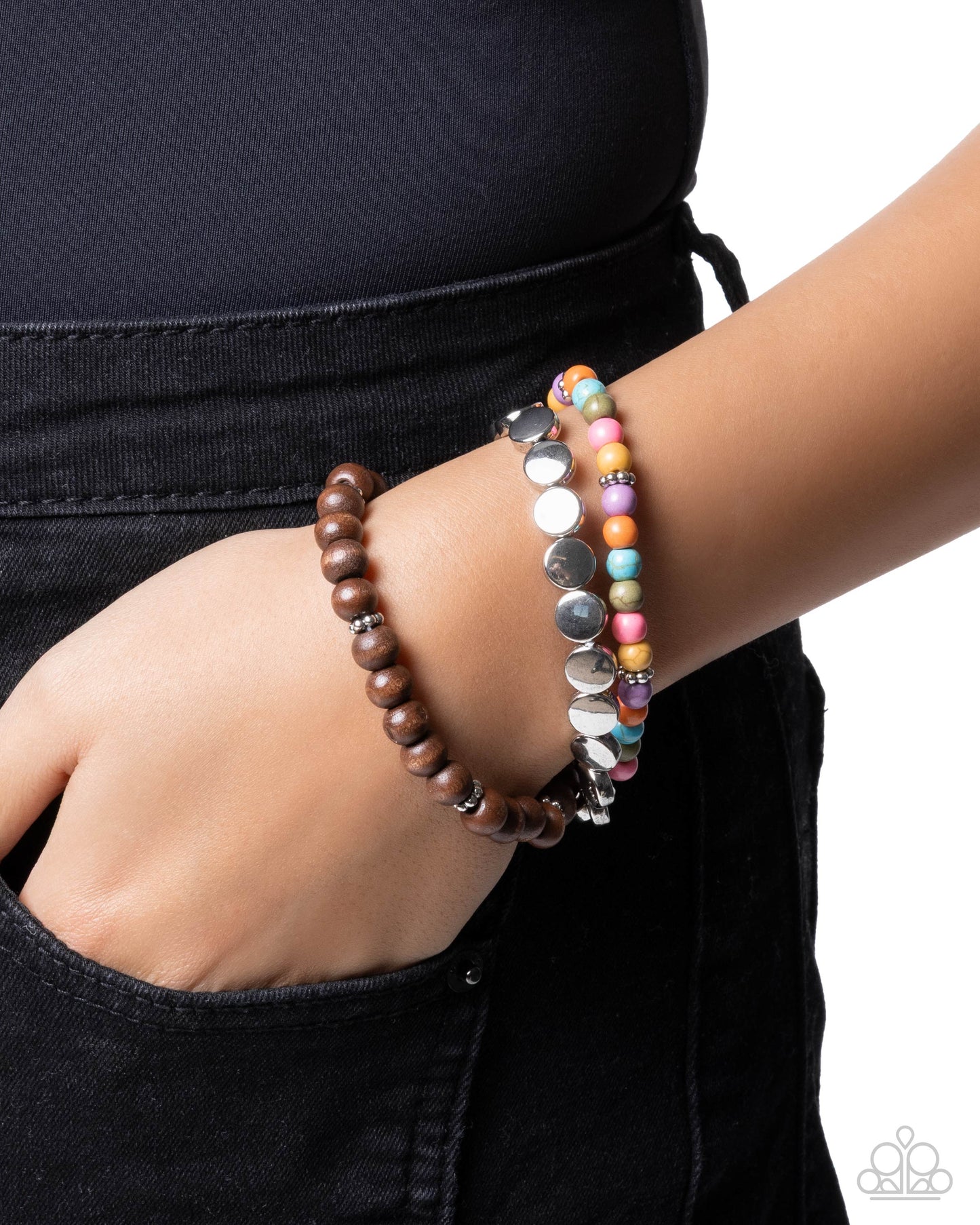 Mesa Moment - Multicolored Stone Beads/Silver Discs/Wooden Beaded Set of 3 Paparazzi Stretch Bracelets