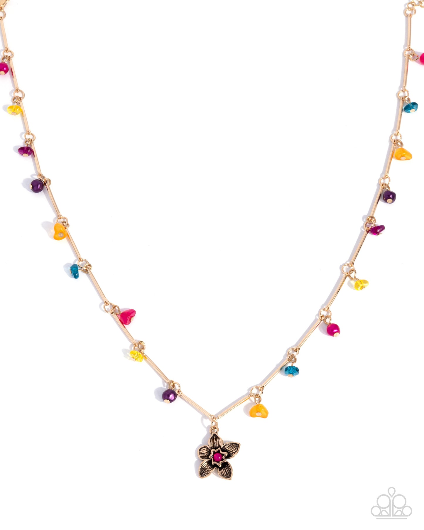 Colorful Chorale - Multicolored Chiseled Stones/Gold Chain/Gold Flower Pendant Paparazzi Necklace & matching earrings