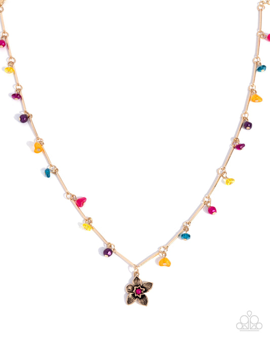 Colorful Chorale - Multicolored Chiseled Stones/Gold Chain/Gold Flower Pendant Paparazzi Necklace & matching earrings