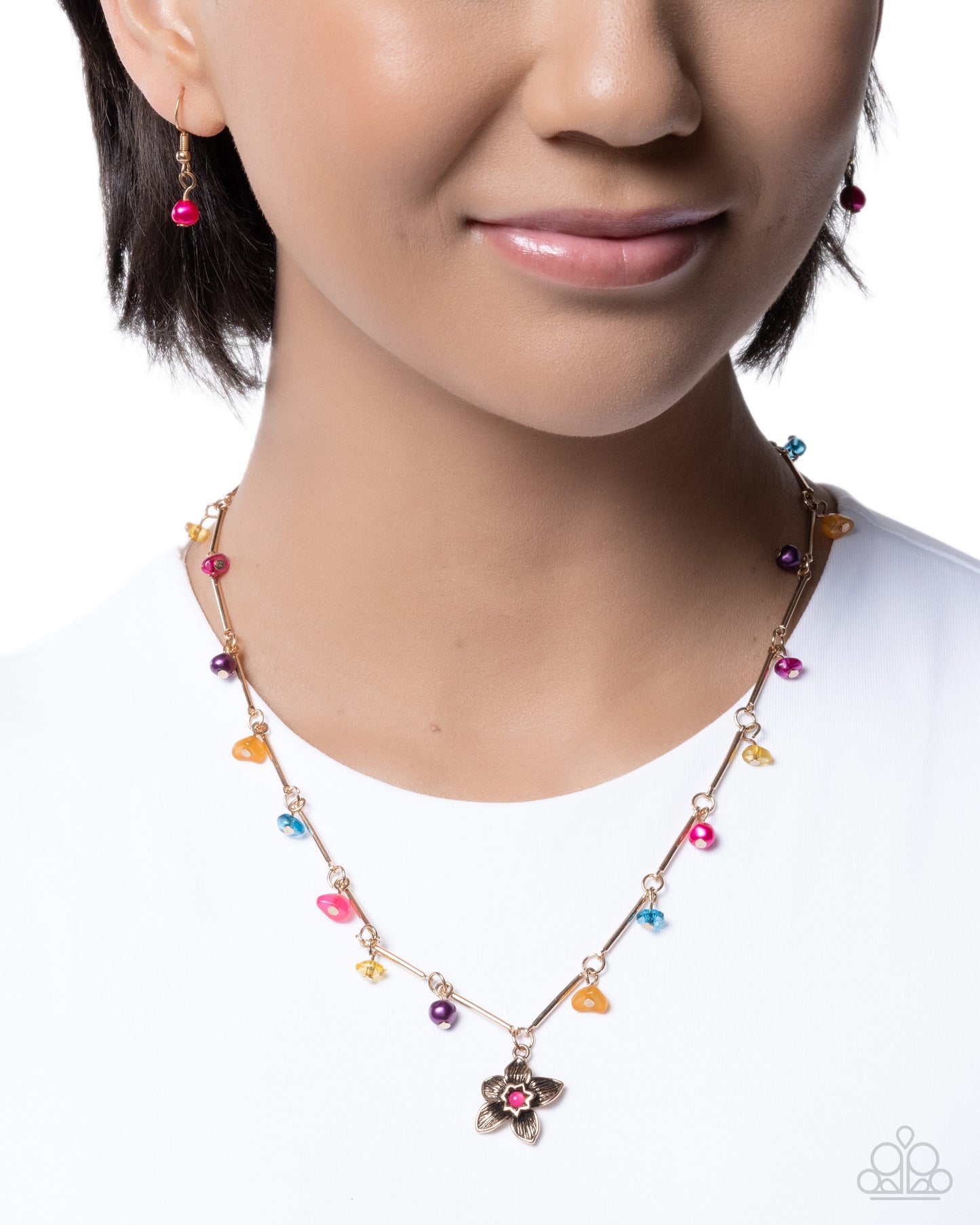 Colorful Chorale - Multicolored Chiseled Stones/Gold Chain/Gold Flower Pendant Paparazzi Necklace & matching earrings