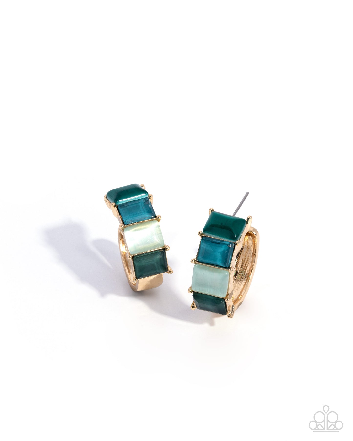 Swoon-Worthy Statement - Green & Blue Cat Eye Stones/Gold Hoop Paparazzi Earrings