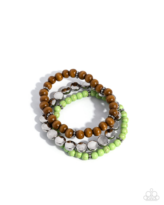 Mesa Moment - Green Stone & Wooden Beads/Silver Discs Paparazzi Set of 3 Stretch Bracelets