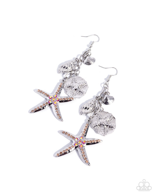 Coastal Community - Orange Iridescent Rhinestone Embellished Starfish Paparazzi Earrings