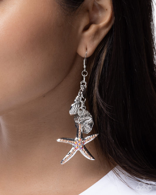 Coastal Community - Orange Iridescent Rhinestone Embellished Starfish Paparazzi Earrings