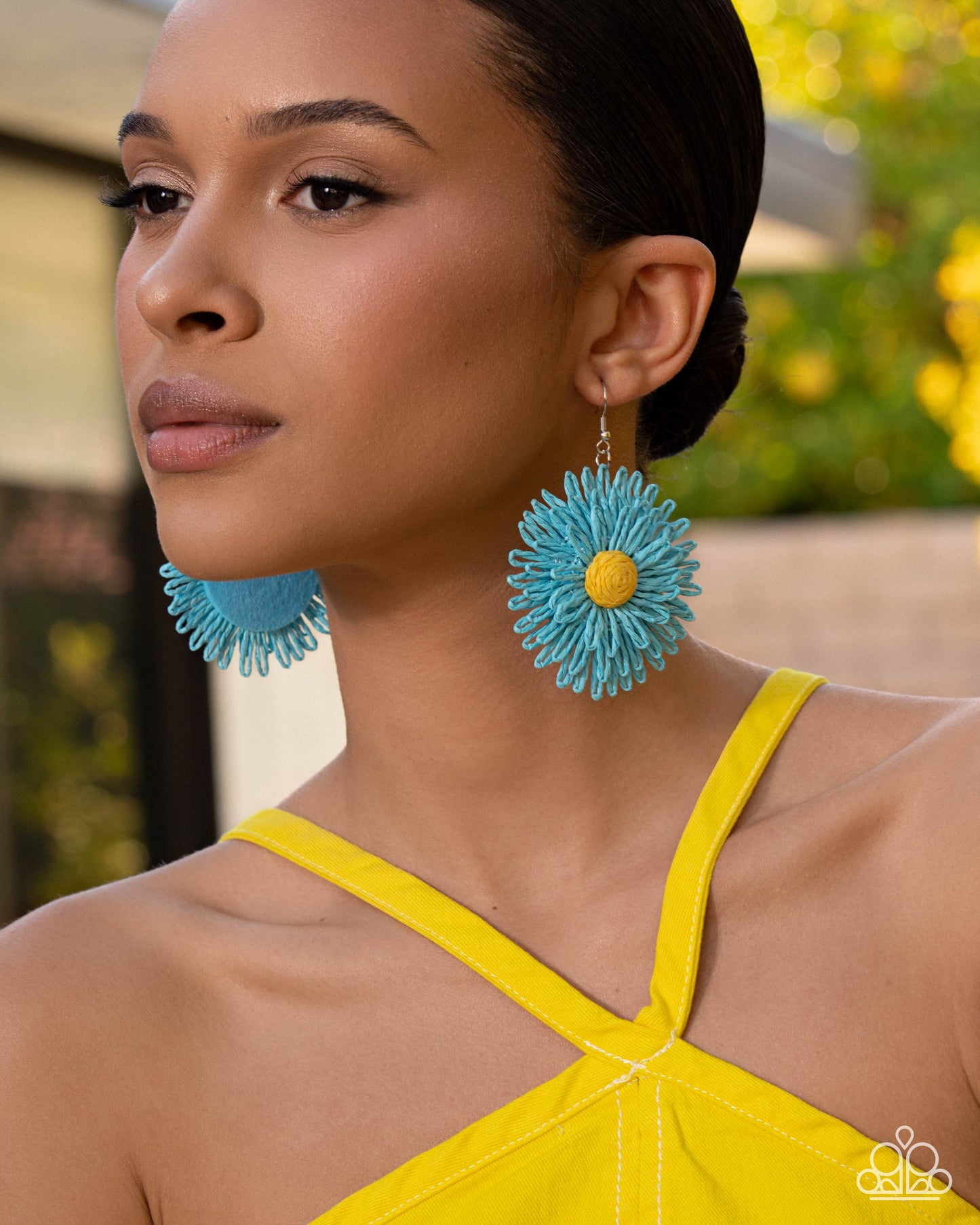 Sunflower Sonata - Blue Rattan Flower Paparazzi Earrings