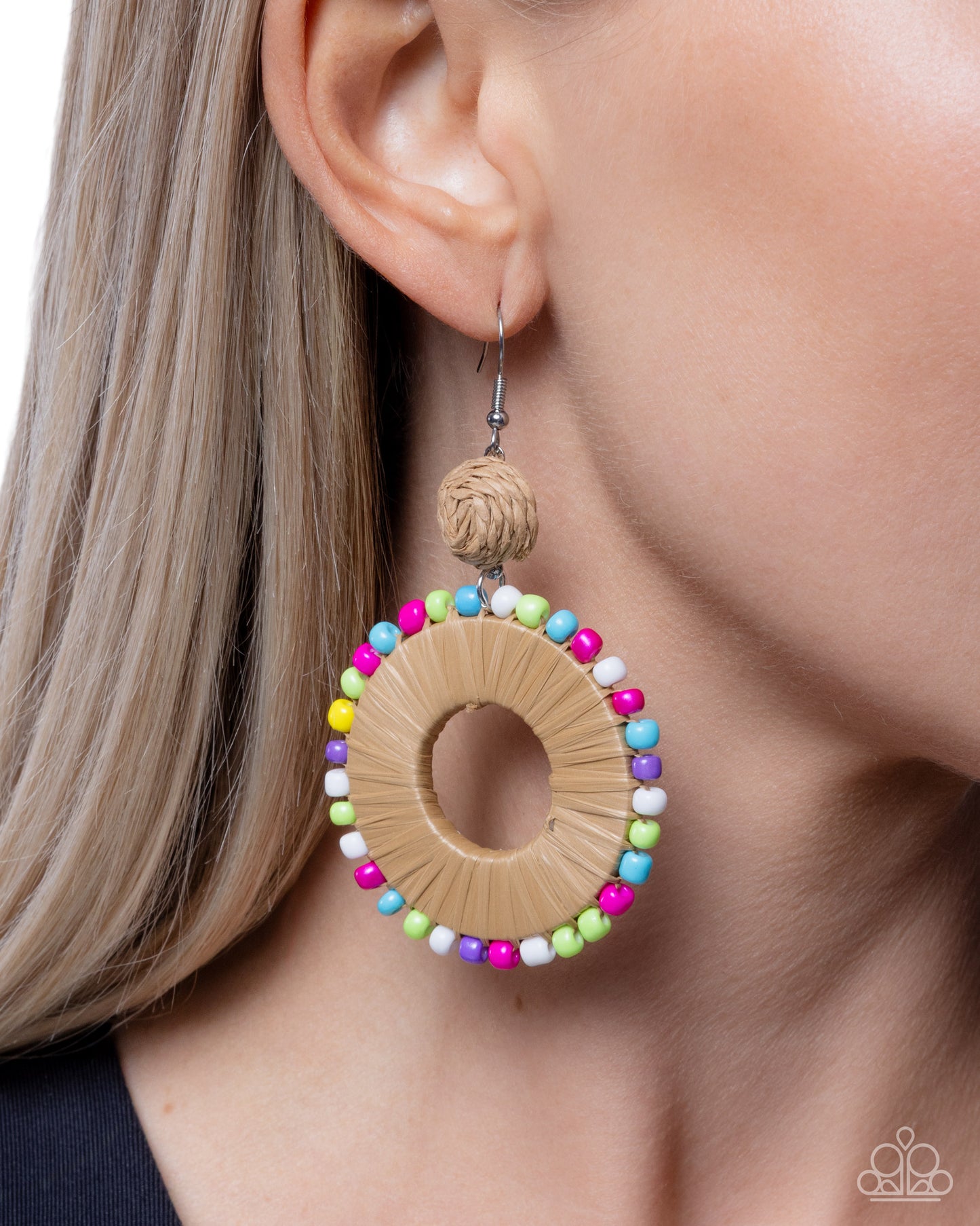 Sprinkle Statement - Multicolored Seed Beads/Raffia Woven Hoop Paparazzi Earrings