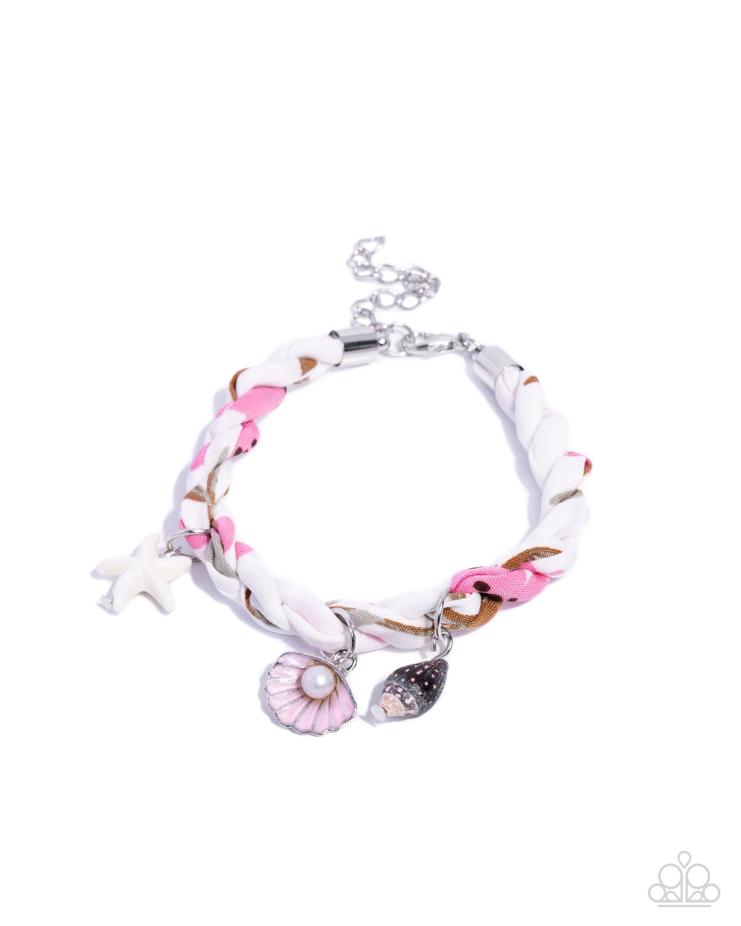 Coastal Compliment - White/Brown/Pink Braided Cord & Coastal Charms Paparazzi Tennis Bracelet