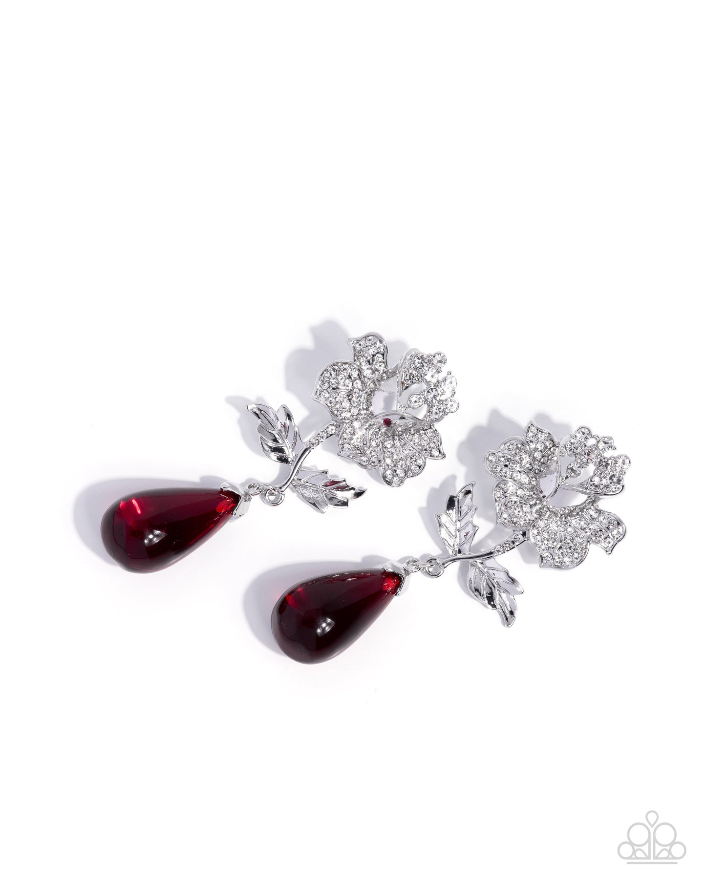 Flourishing Fringe - Red Teardrop Bead/3-D Silver Rose Paparazzi Earrings