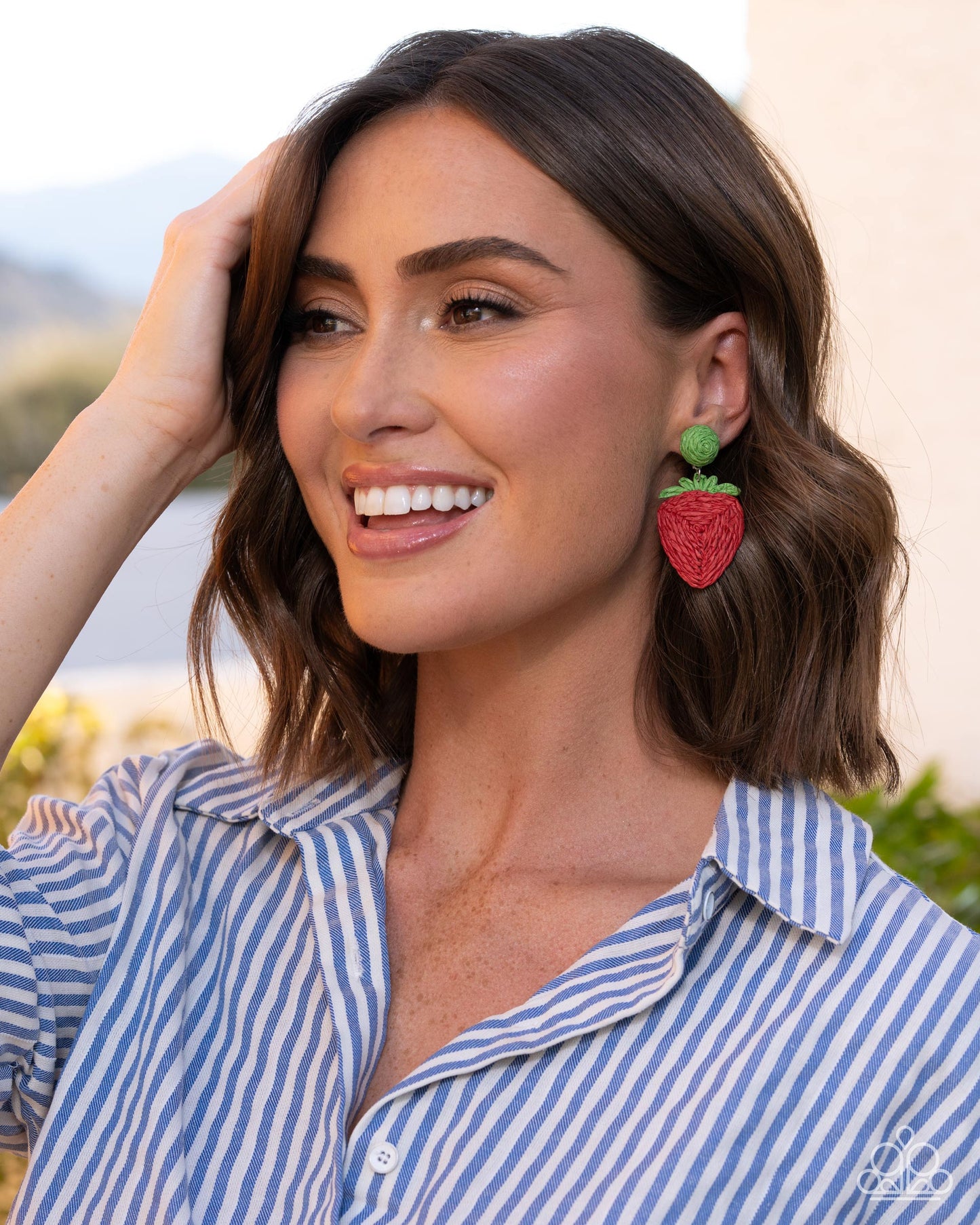 Strawberry Silhouette - Red & Green Painted Raffia Strawberry Paparazzi Earrings