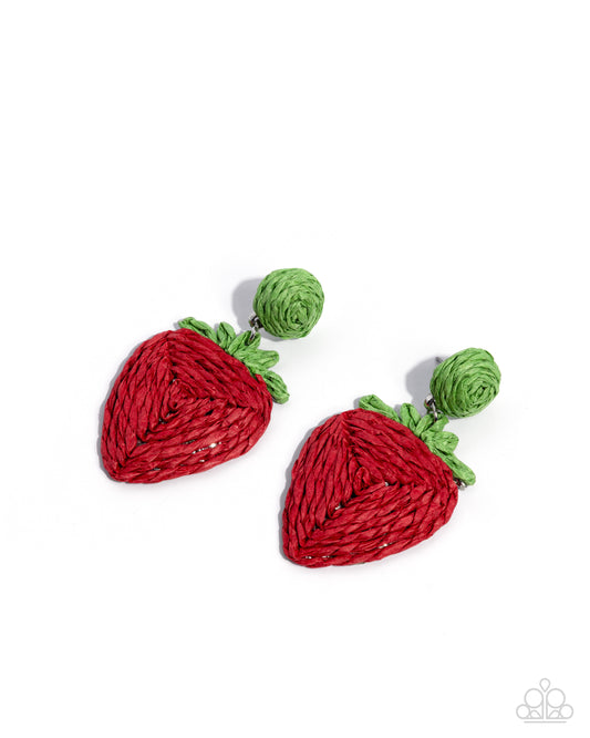Strawberry Silhouette - Red & Green Painted Raffia Strawberry Paparazzi Earrings