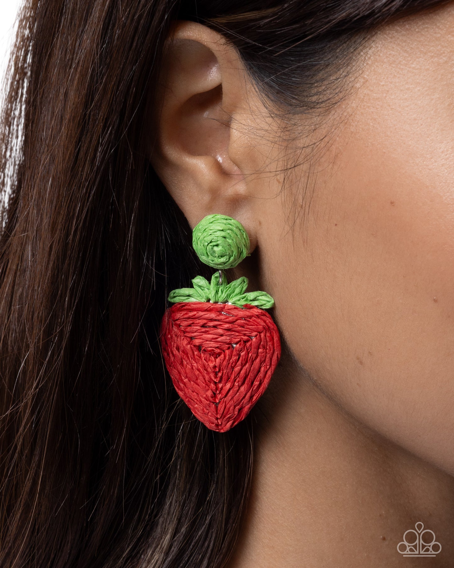 Strawberry Silhouette - Red & Green Painted Raffia Strawberry Paparazzi Earrings