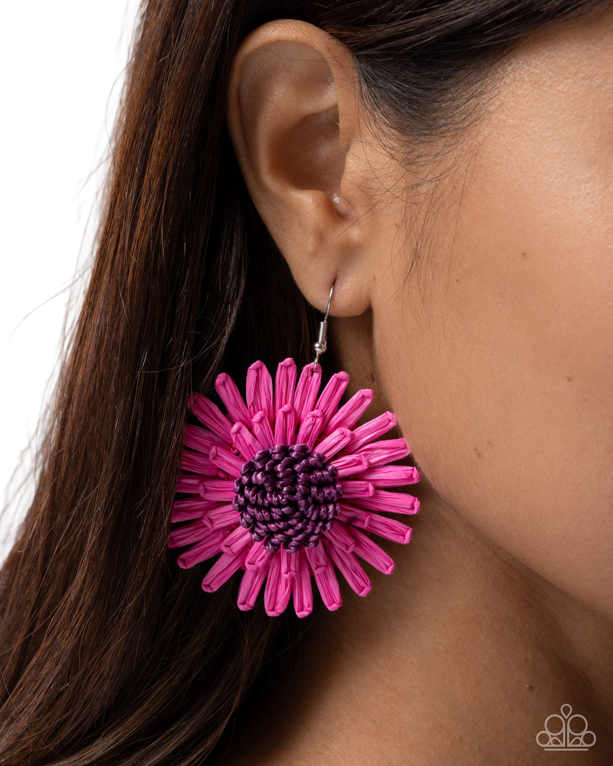 Crafted Color - Pink Raffia Flower Paparazzi Earrings