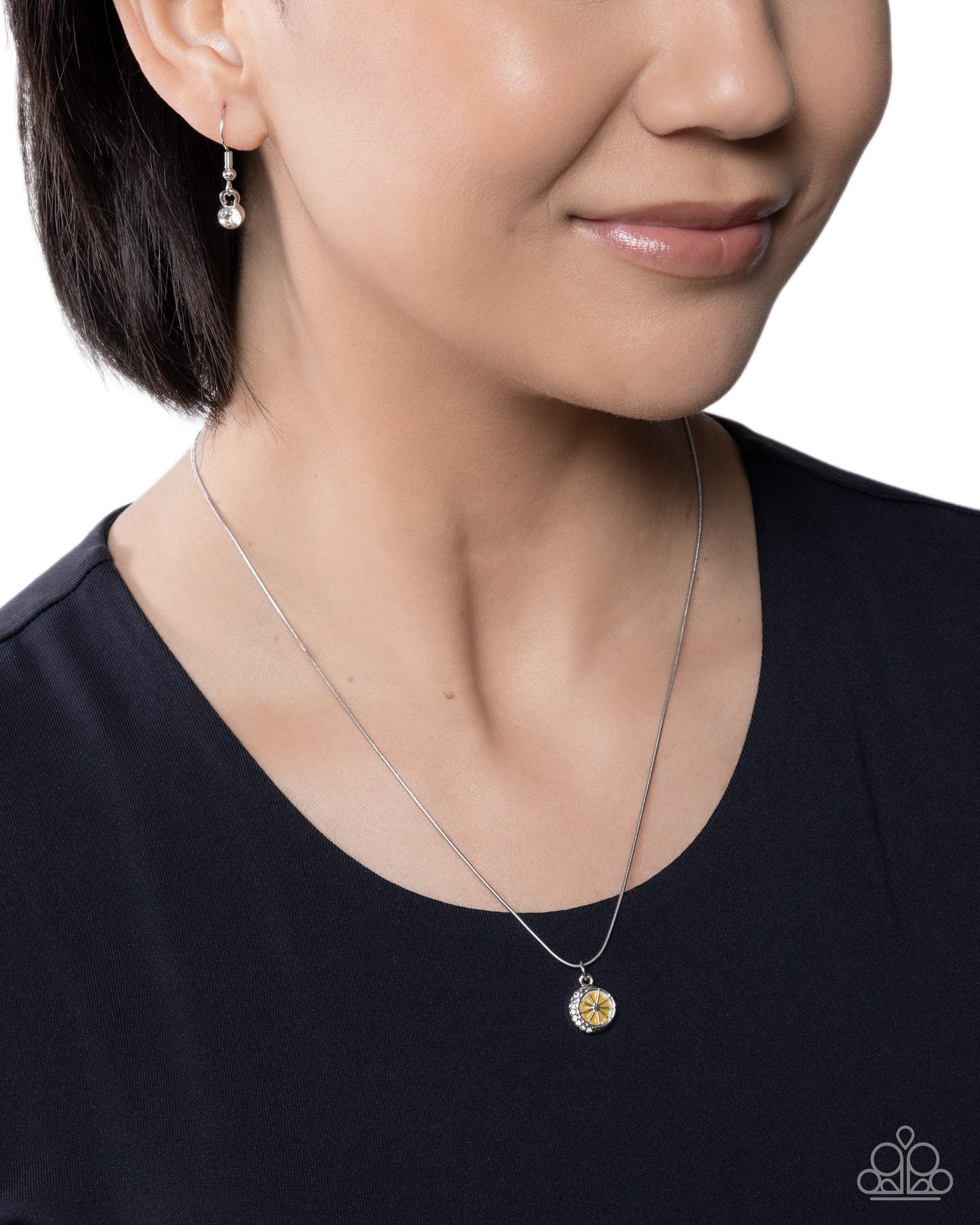 Citrus Chic - Yellow/White Rhinestone Lemon Slice Pendant Paparazzi Necklace & matching earrings