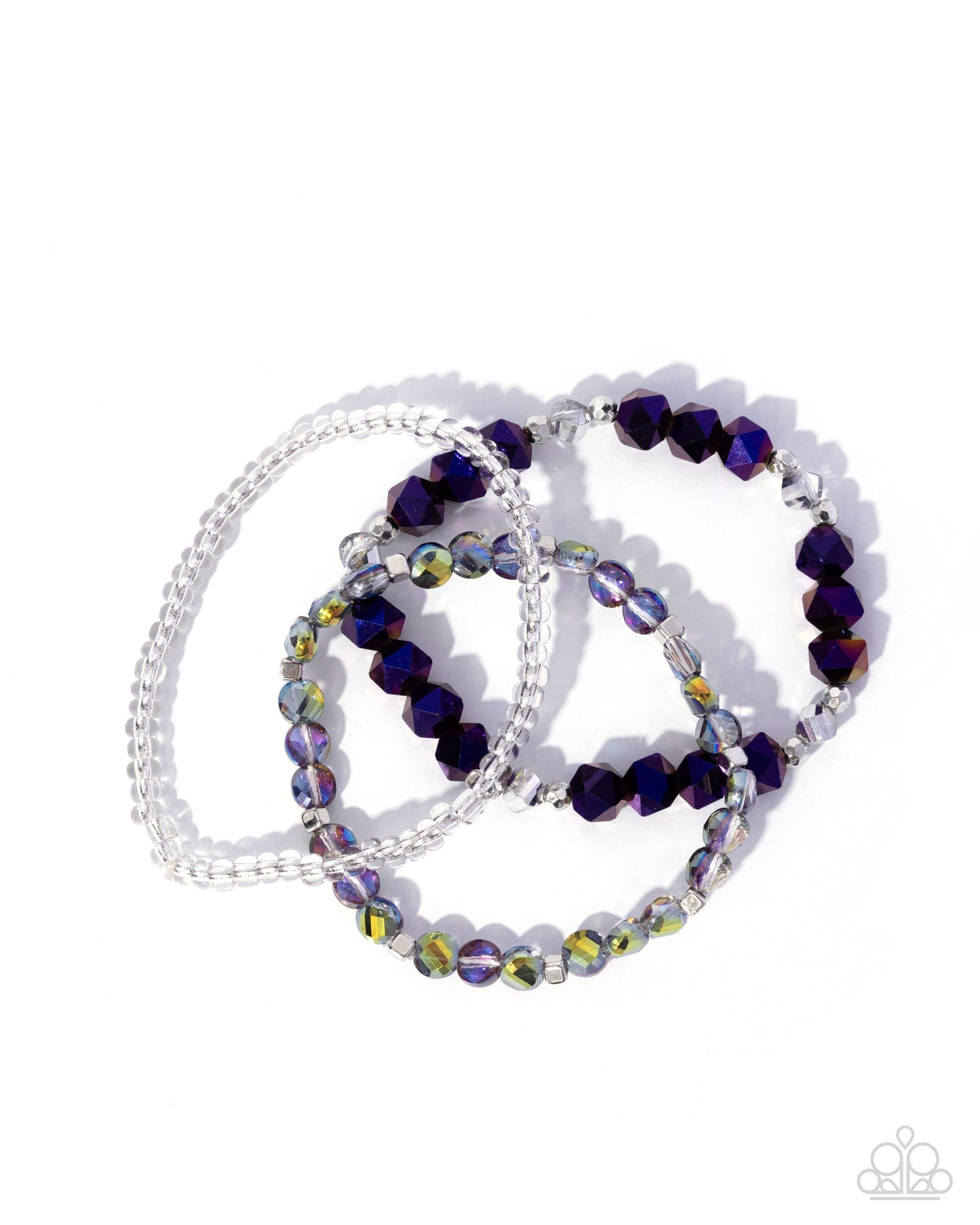 Confident Courtesy - Purple, Clear, Silver Cube, Smoky Beaded Set of 3 Paparazzi Stretch Bracelets