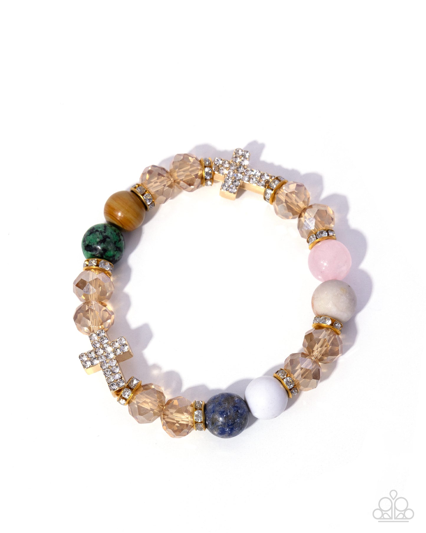 Celestial Crush - Multicolored Beads & White Rhinestone Crosses Paparazzi Stretch Bracelet