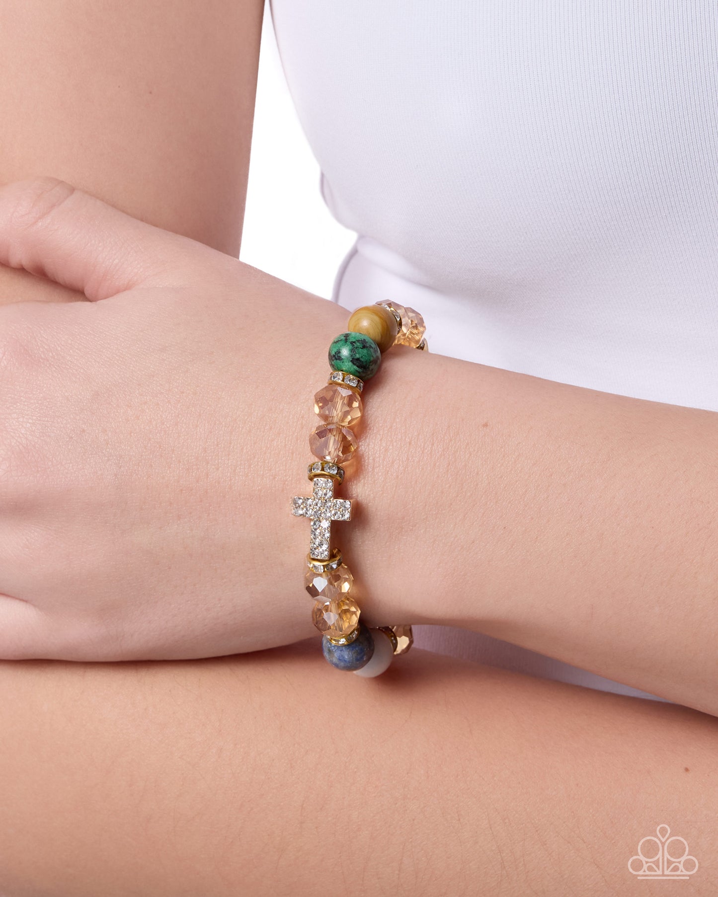Celestial Crush - Multicolored Beads & White Rhinestone Crosses Paparazzi Stretch Bracelet