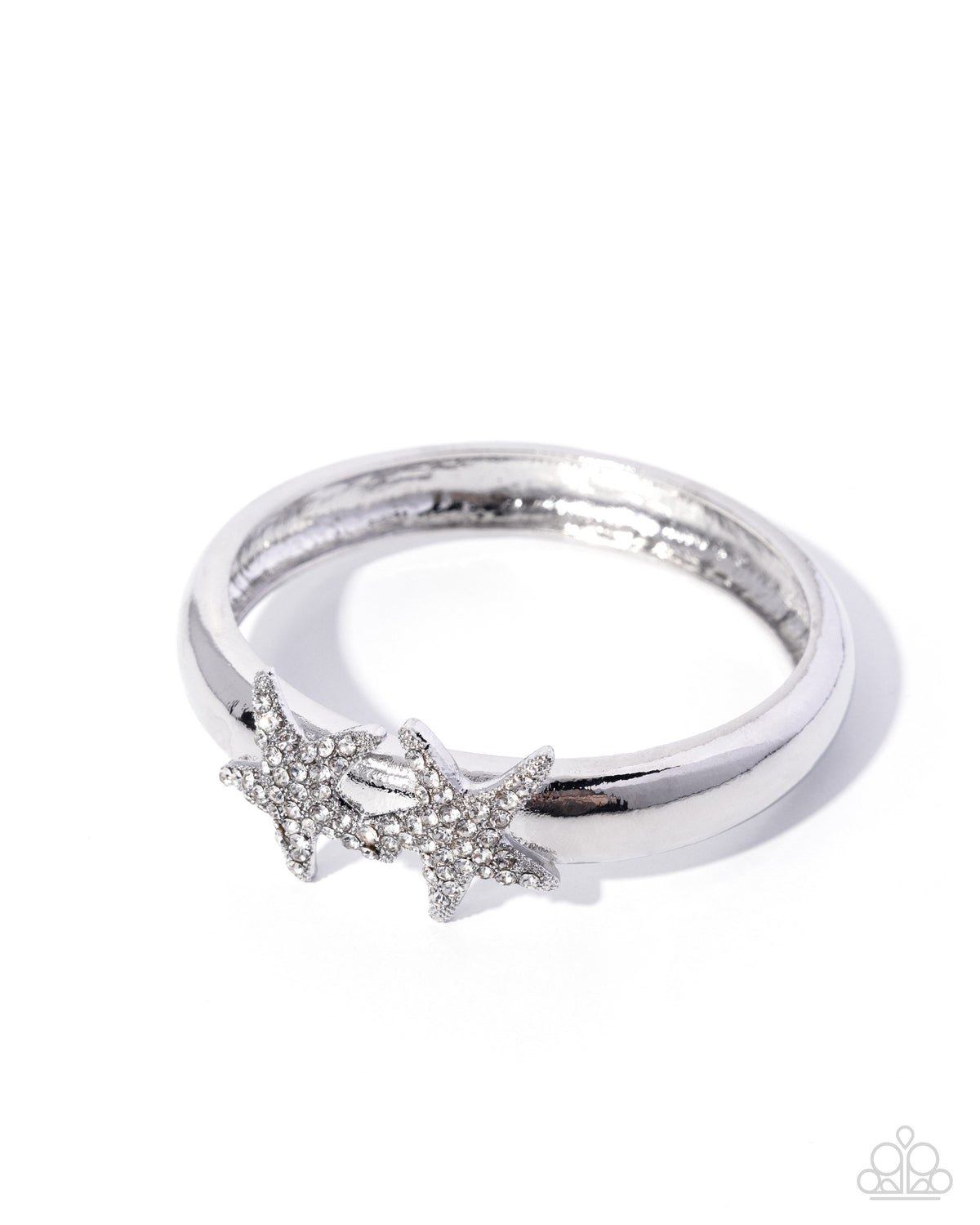 Starfish Symmetry - White Rhinestone Encrusted Silver Starfish Paparazzi Bangle Bracelet