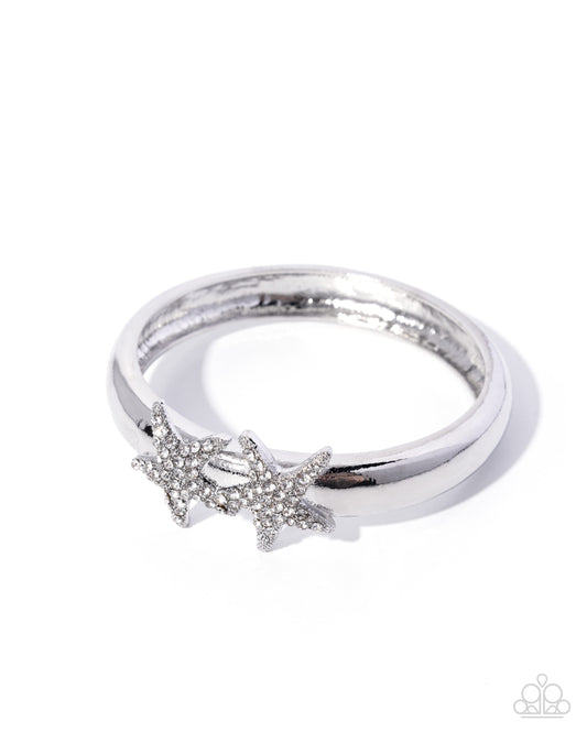 Starfish Symmetry - White Rhinestone Encrusted Silver Starfish Paparazzi Bangle Bracelet