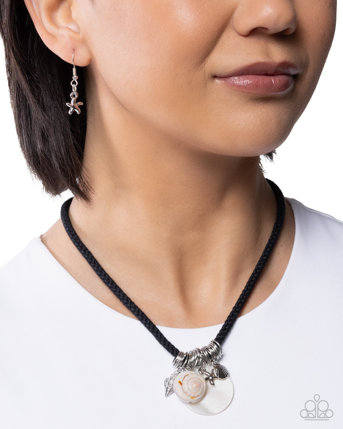 Coastal Combination - Black Cord/Silver Rings/Coastal Charms Paparazzi Necklace & matching earrings