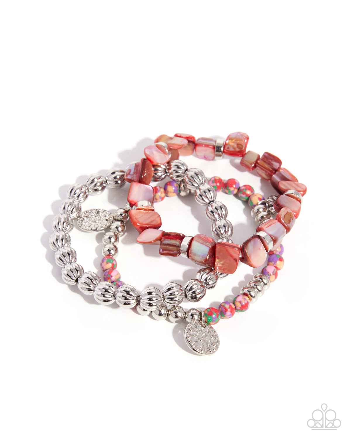 Sunshine Stack - Red Abalone Shells/Silver Beads Paparazzi Set of 3 Stretch Bracelets