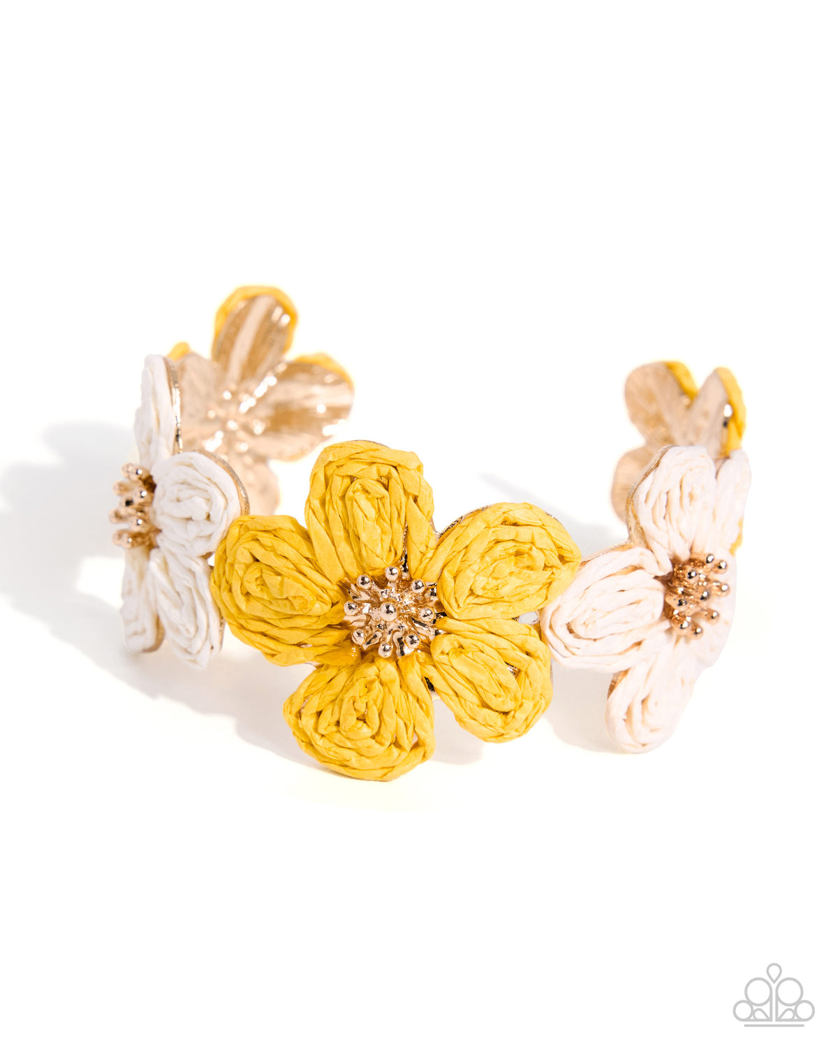Rustic Raffia - Yellow & Natural Raffia Flowers Paparazzi Cuff Bracelet