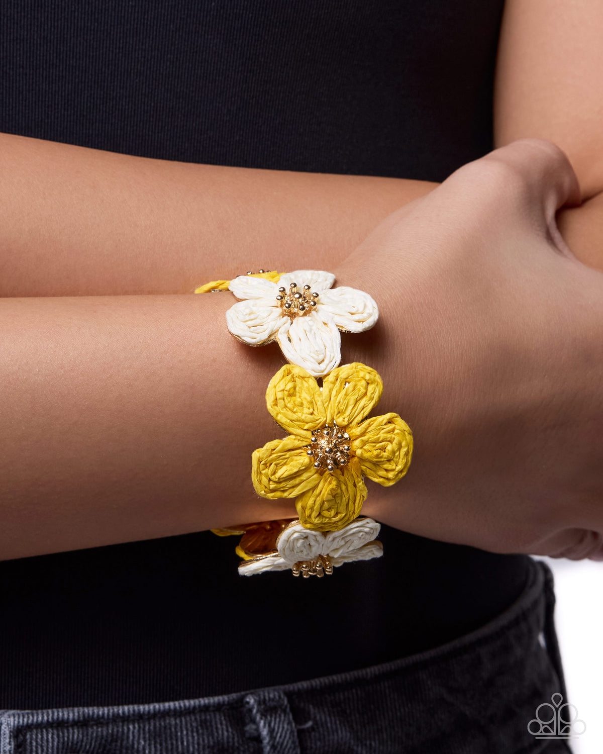 Rustic Raffia - Yellow & Natural Raffia Flowers Paparazzi Cuff Bracelet