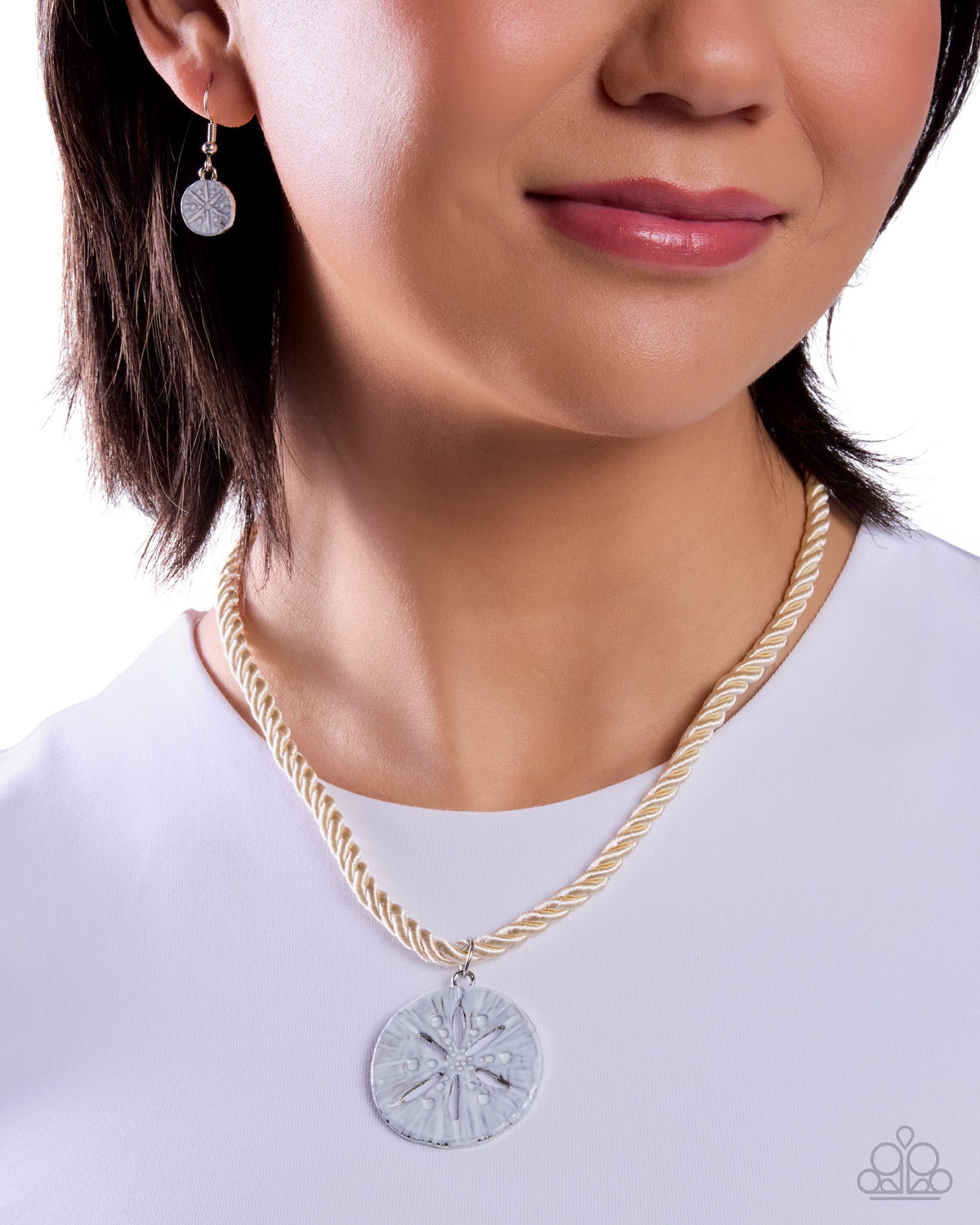 Sand Dollar Serendipity - White Braided Cord/Silver Sand Dollar Pendant Paparazzi Necklace & matching earrings