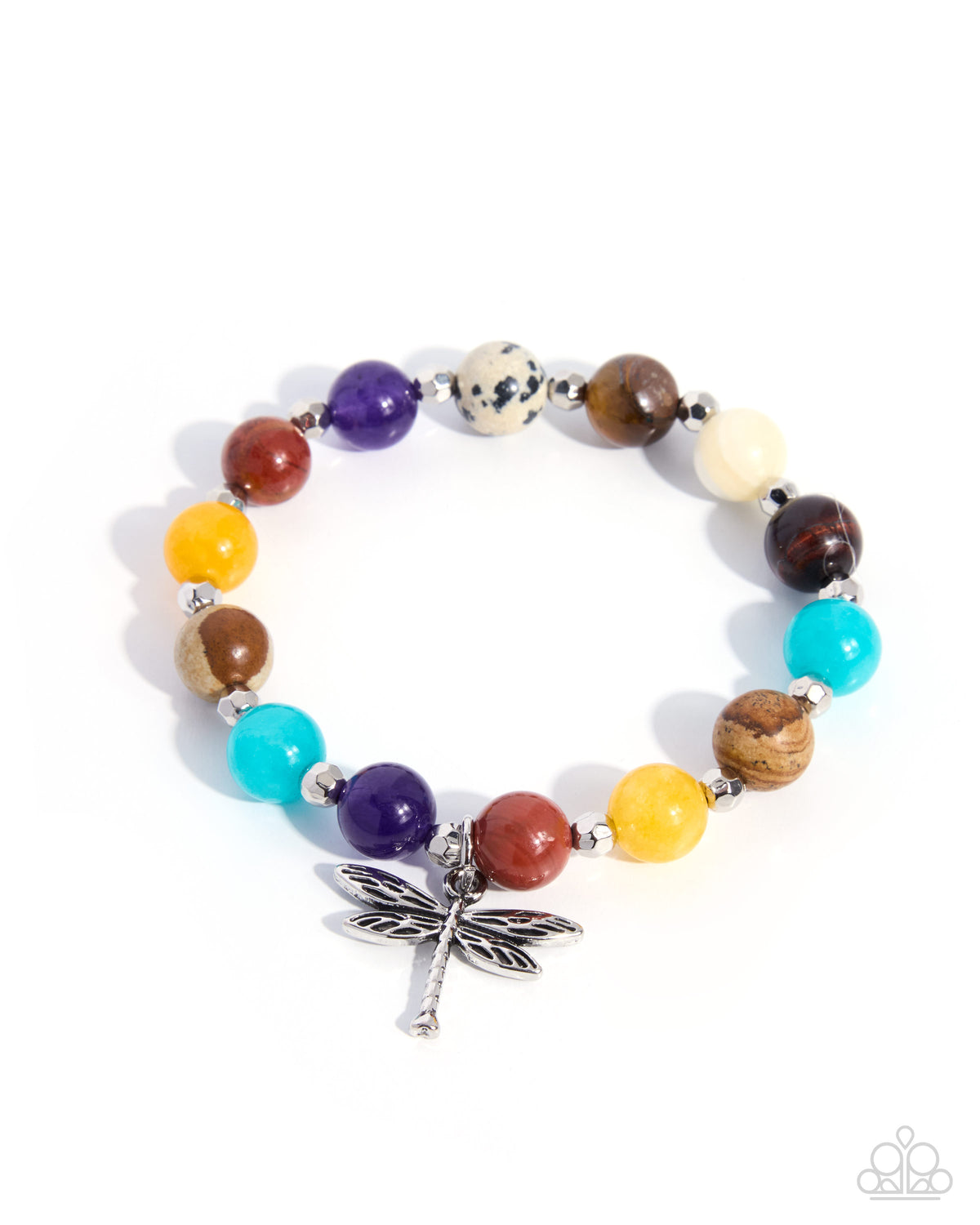 Dragonfly Delay - Multicolored Stones/Silver Dragonfly Pendant Paparazzi Stretch Bracelet