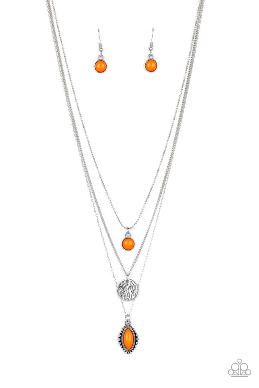 Tide Drifter - Orange Beads/Scratched Silver Disc/Triple Chain Necklace & matching earrings