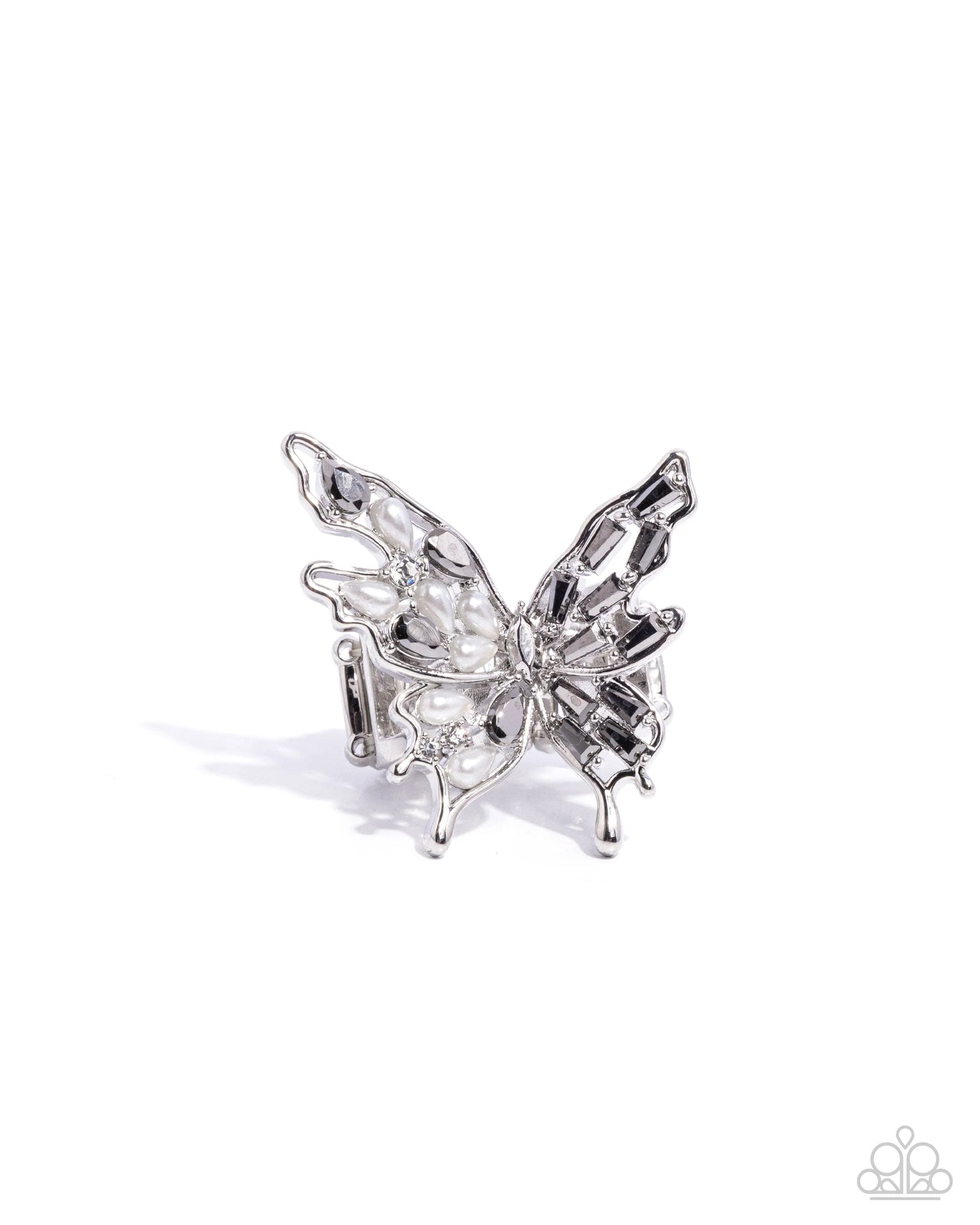Aerial Allure - Silver Butterfly, Rice Pearls, & Hematite Rhinestones Paparazzi Ring