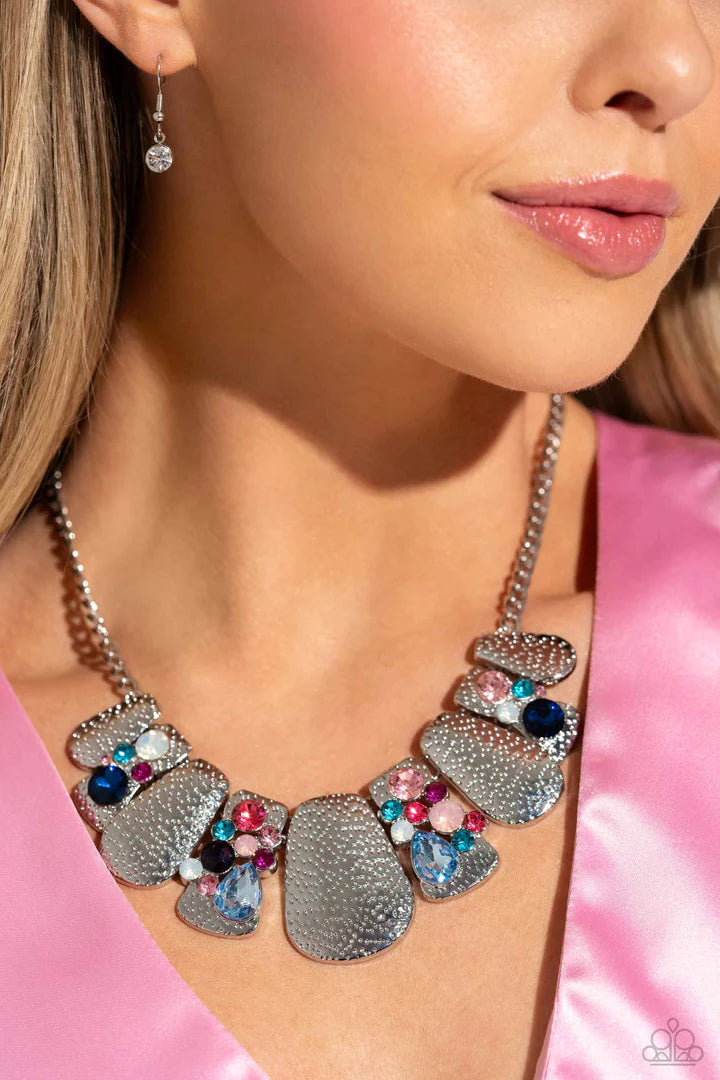 Multicolored Mayhem - Multi Colored Gems/Hammered Silver Plates Paparazzi Necklace & matching earrings