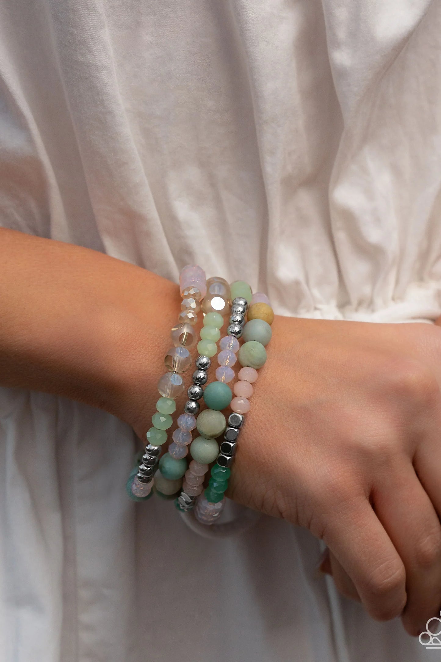 DEFACED DELIGHT - Multi Green and Pink Stone, Silver and Colorful Bead Paparazzi Coil Bracelet