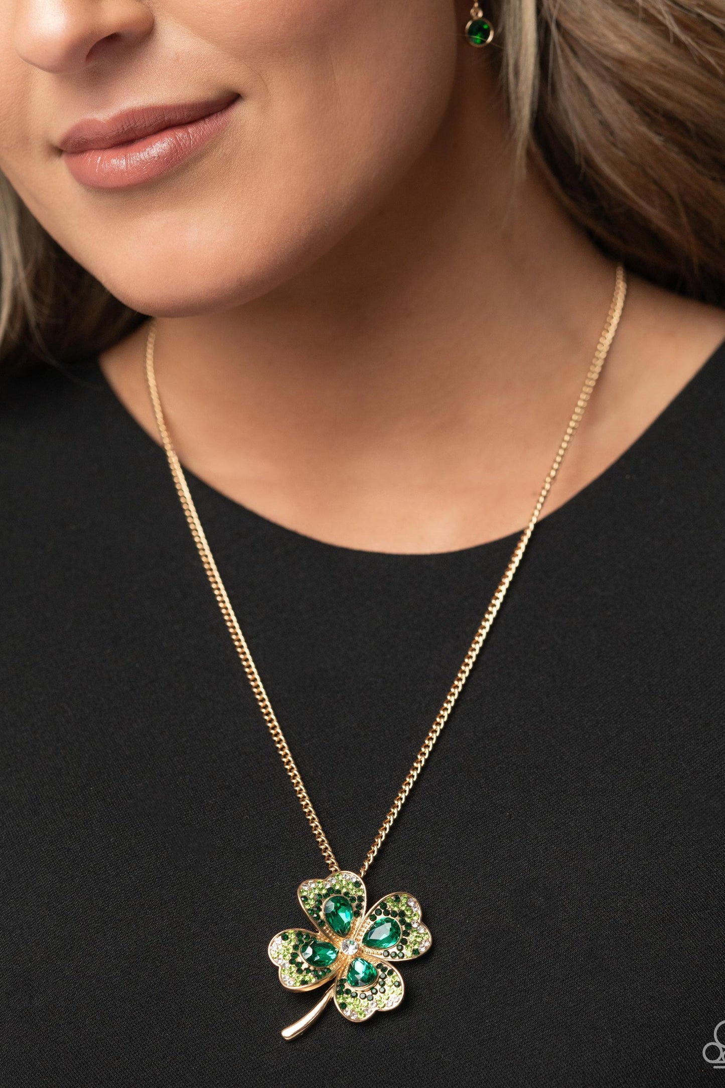 Four Leaf Fashion - Green & White Rhinestone 4-Leaf Clover Pendant Paparazzi Necklace & matching earrings