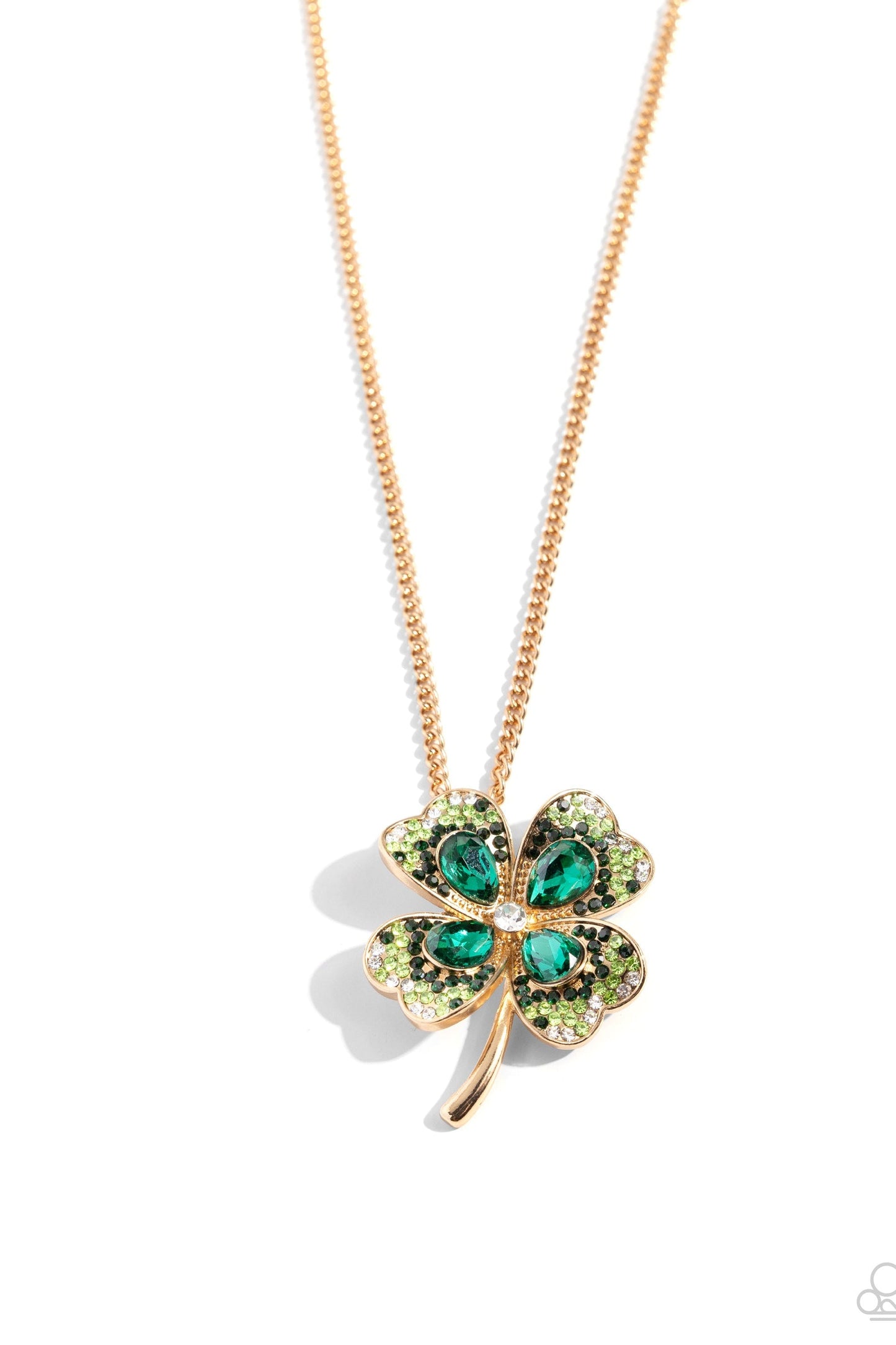 Four Leaf Fashion - Green & White Rhinestone 4-Leaf Clover Pendant Paparazzi Necklace & matching earrings