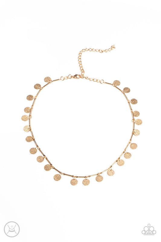 Musically Minimalist - Gold Hammered Disc Paparazzi Choker Necklace & matching earrings
