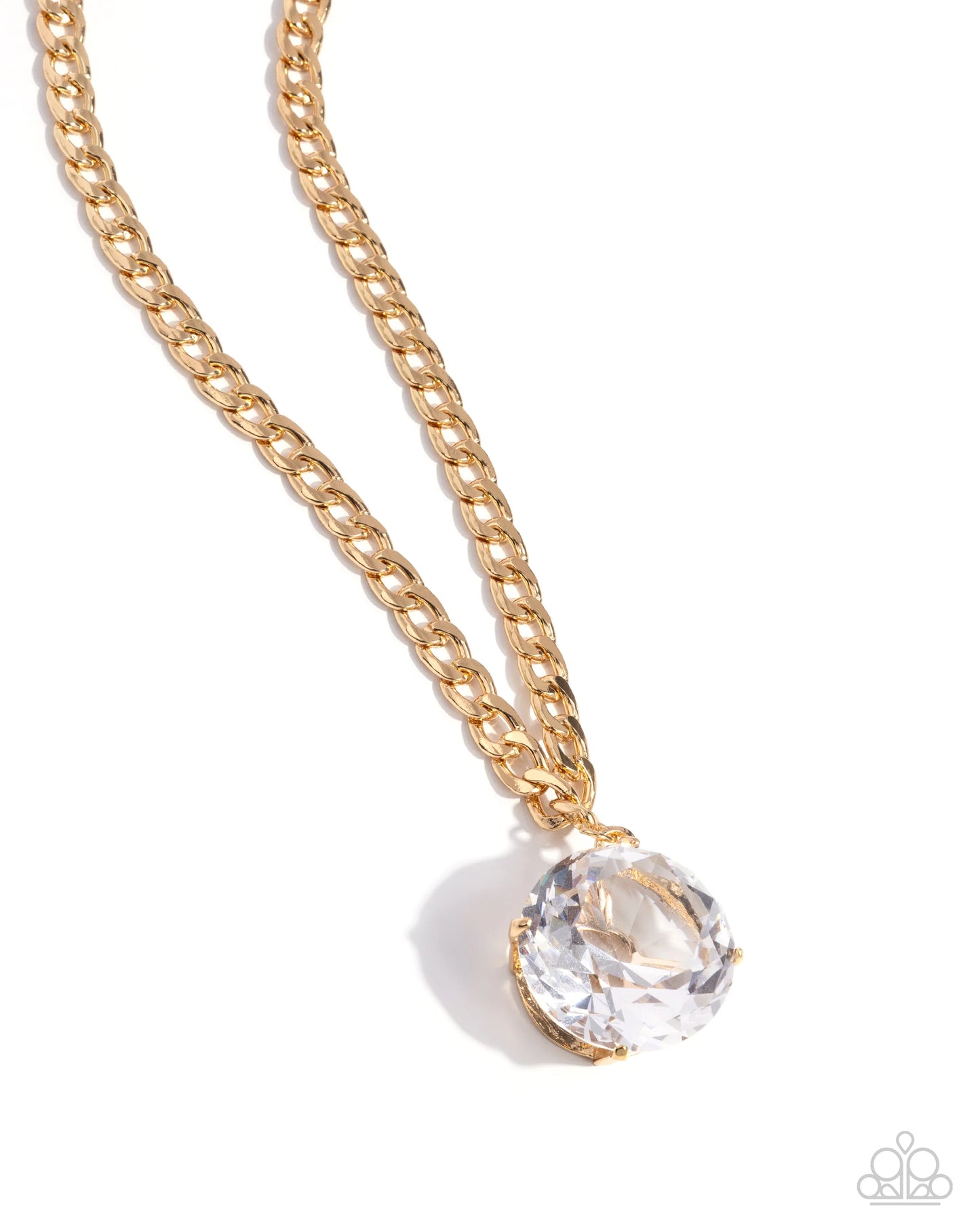 Musings State of Mind - Gold Curb Chain/Very Oversized White Gem Pendant Paparazzi Necklace & matching earrings