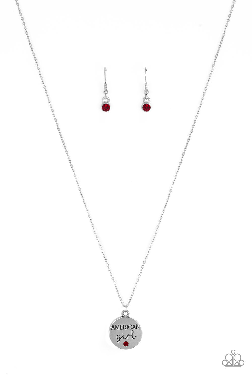 American Girl - Red Rhinestone "American Girl" Stamped Pendant Paparazzi Necklace & matching earrings